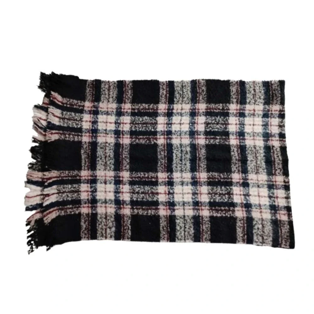 Francescas Plaid Scarf Boucle Black Red White Blue Fringe One Size Polyester‎